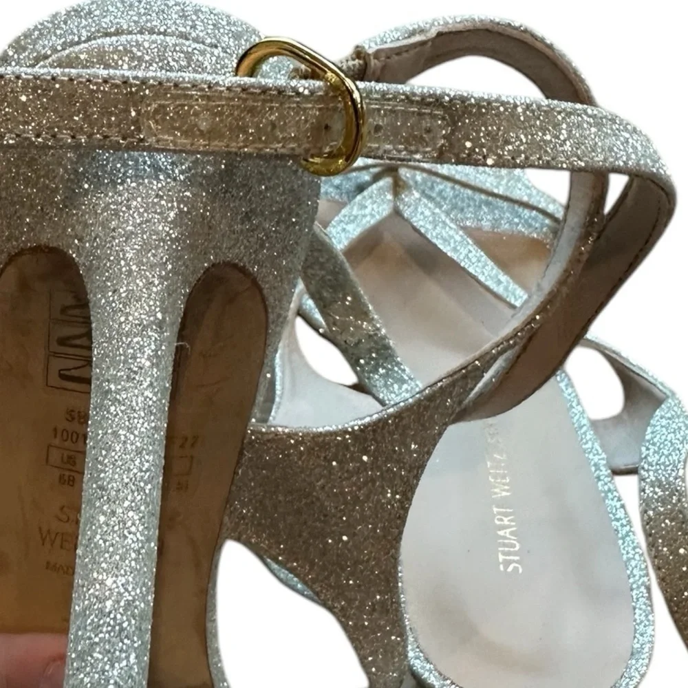 Stuart Weitzman ALIGN 95 Silver Sparkle Strappy Heels | Minimalist Nudist Style - Picture 6 of 11